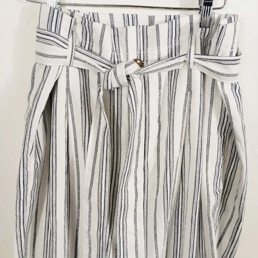NWT Madewell, Size 14, White Navy Stripe Linen Blend Paper Bag  Crop Pants - Picture 7 of 16